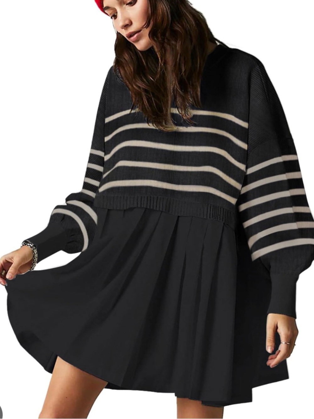 Amazon Essentials Black Mini Sweater Dress with Cream Stripes